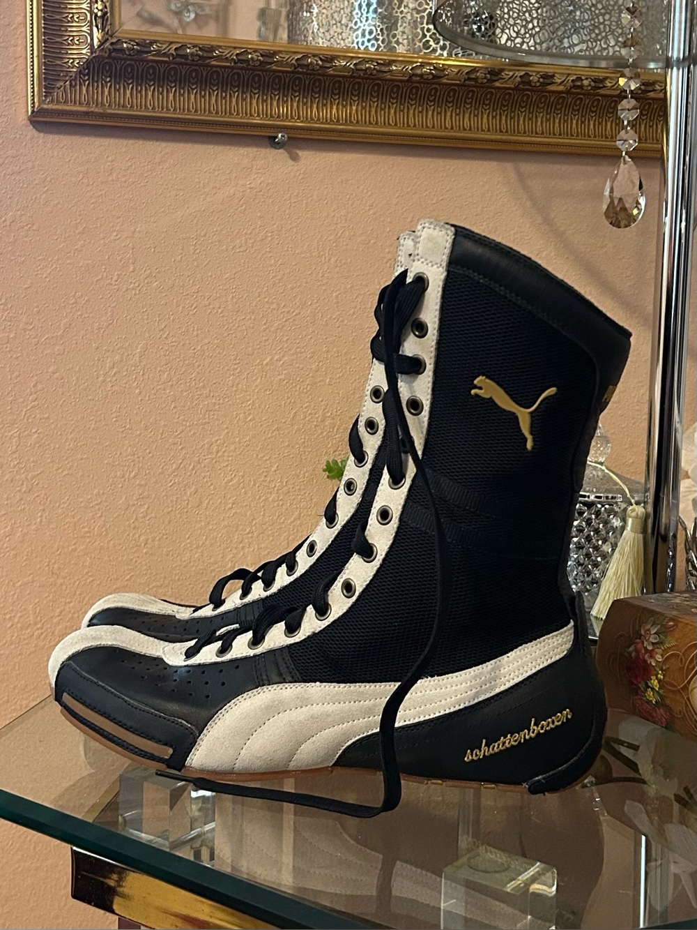 Vintage Puma Schattenboxen Boxing Boots Black and Cream High-Top Sneakers 11/12 - Picture 11 of 16